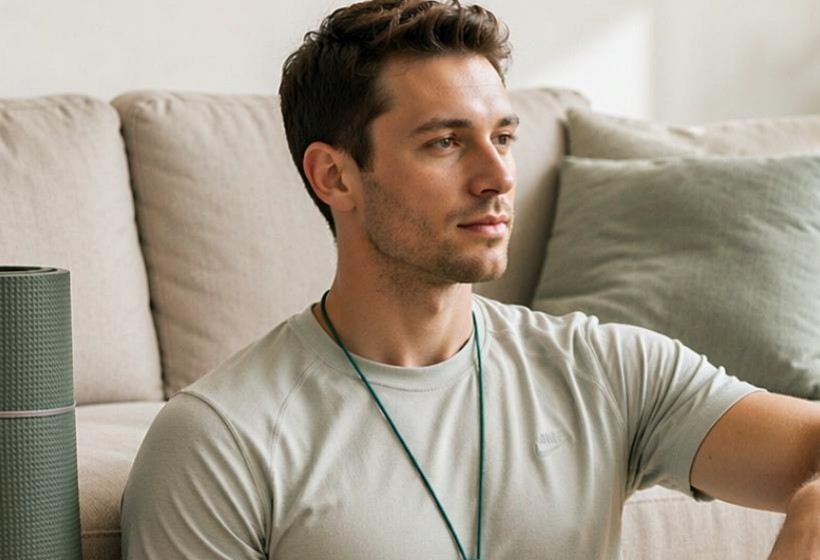 Person resting after exercise with SonoCardio on a green lanyard